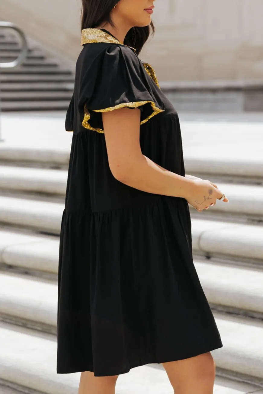 Sequin Trim Bubble Sleeve Shirt Dress