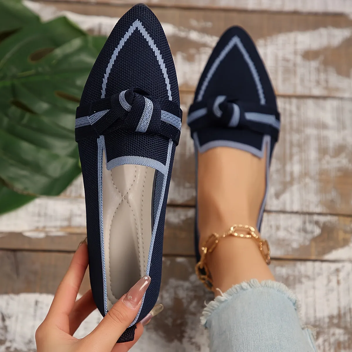 Soft & Breathable Womens Knitted Flats - Slip-On, Pointed Toe, Lightweight, Strappy Back, Rubber Sole, Faux Leather Insole, Preppy Style - Perfect for All-Season Wear