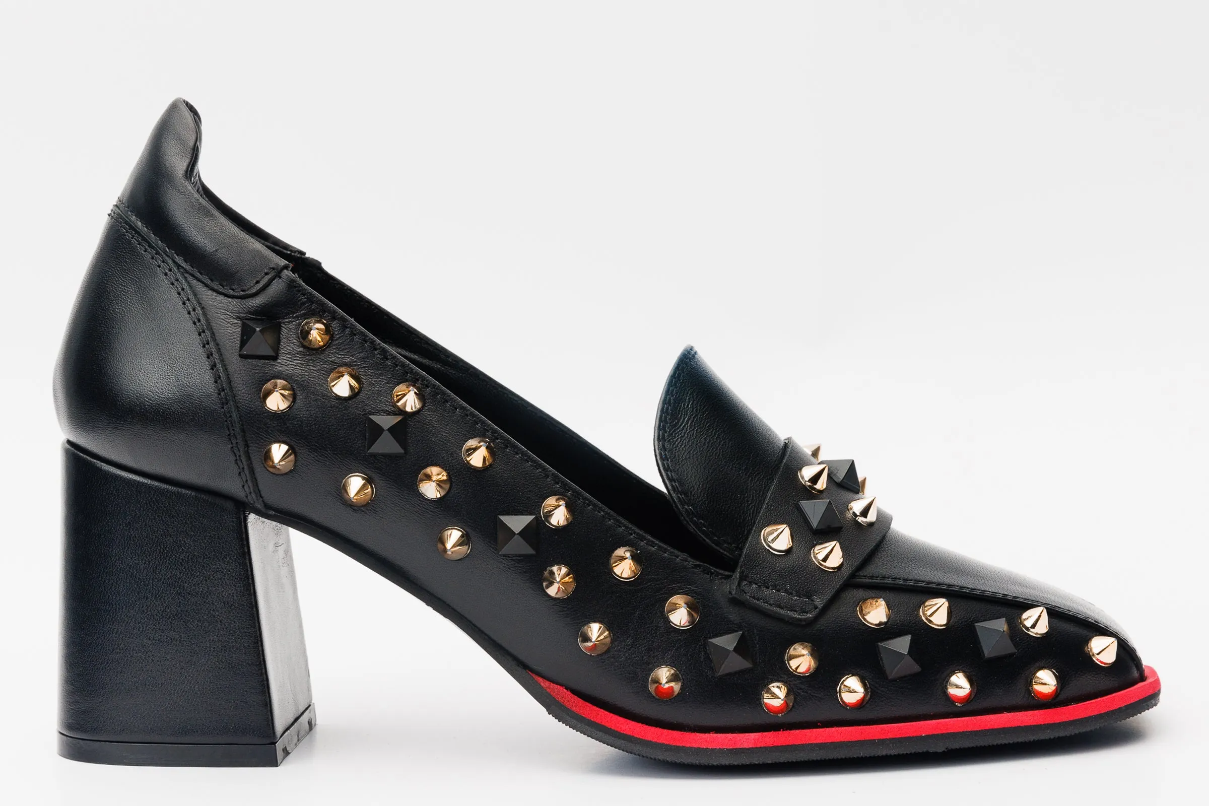 The Infanta Black Spike Leather Block Heel Pump Women Shoe