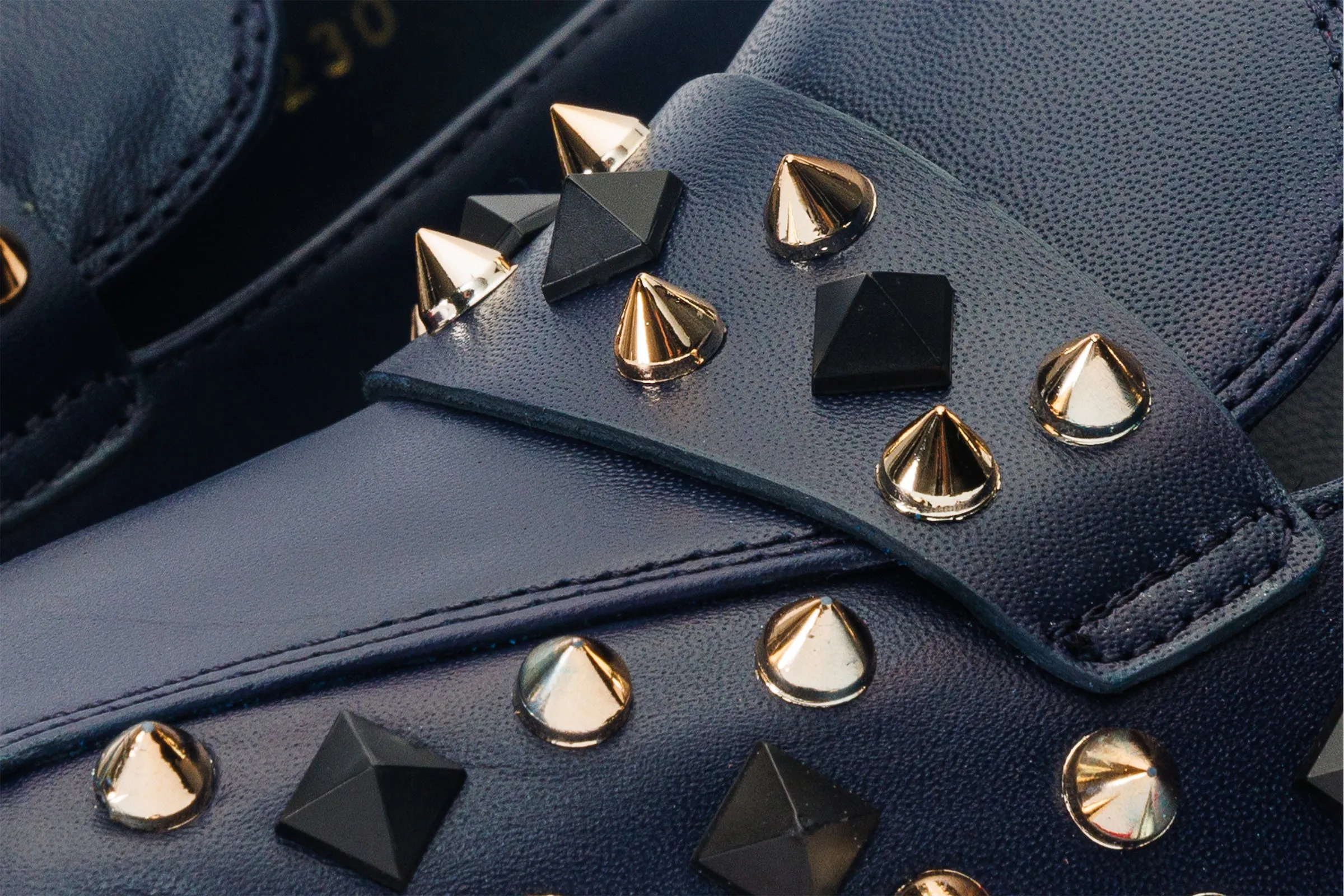 The Infanta Navy Blue Spike Leather Block Heel Pump Women Shoe