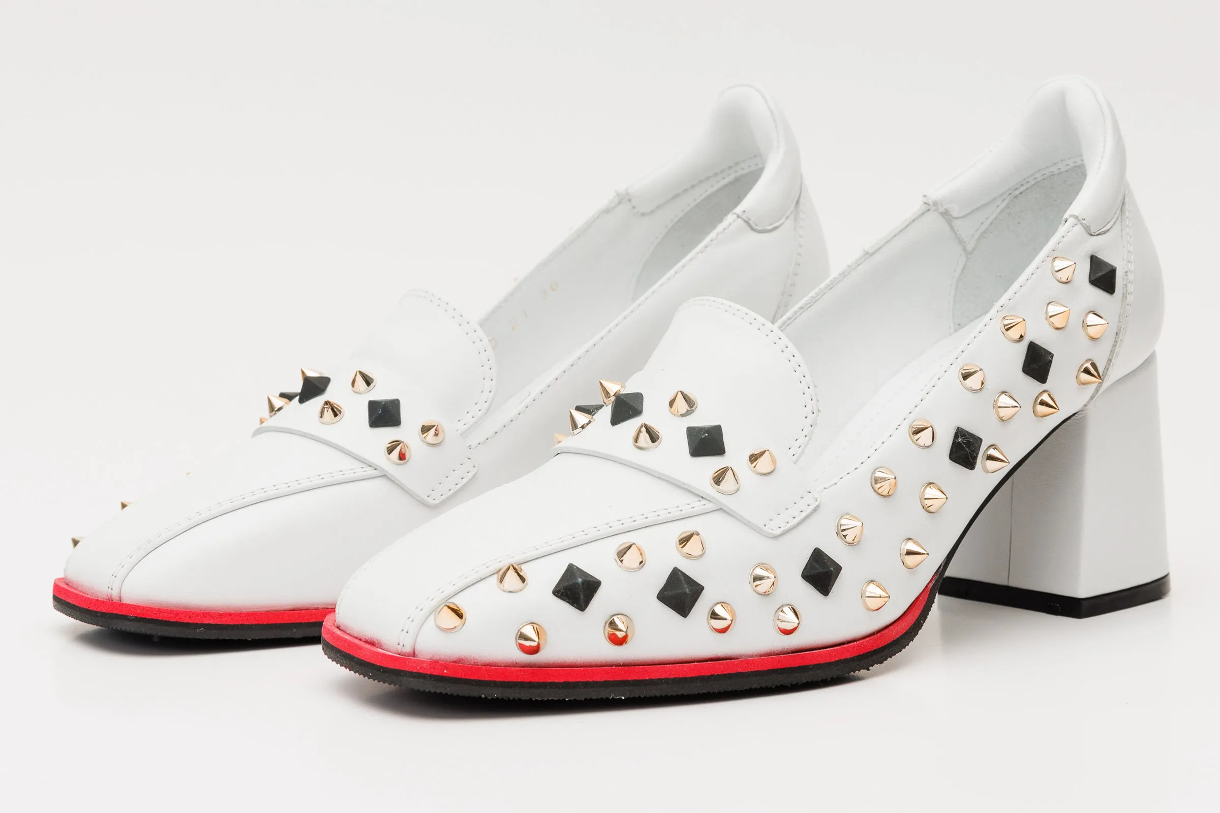 The Infanta White Spike Leather Block Heel Pump Women Shoe