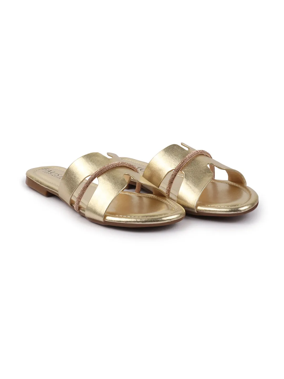 Women Gold Shiny Open Toe Embellished Design Slipper With Cushioned Footbed|Flat Slipper For Party|Festive|Wedding