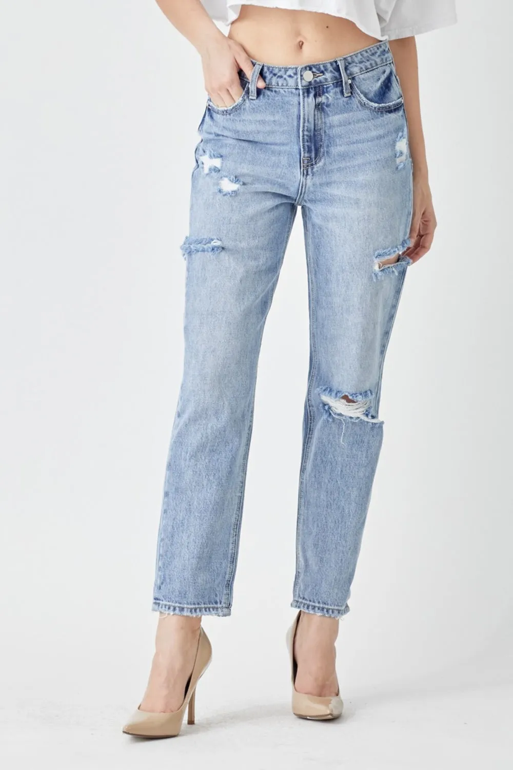 Women's RISEN Distressed Slim Cropped Jeans