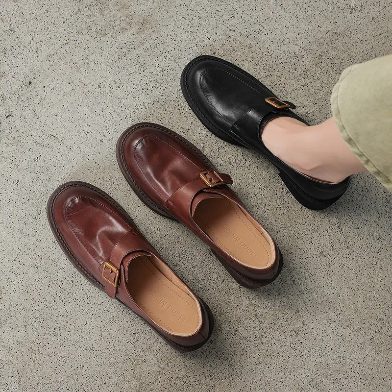 Womens Soft Leather Monk Strap Loafers Preppy Style in Black/Brown