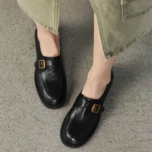 Womens Soft Leather Monk Strap Loafers Preppy Style in Black/Brown