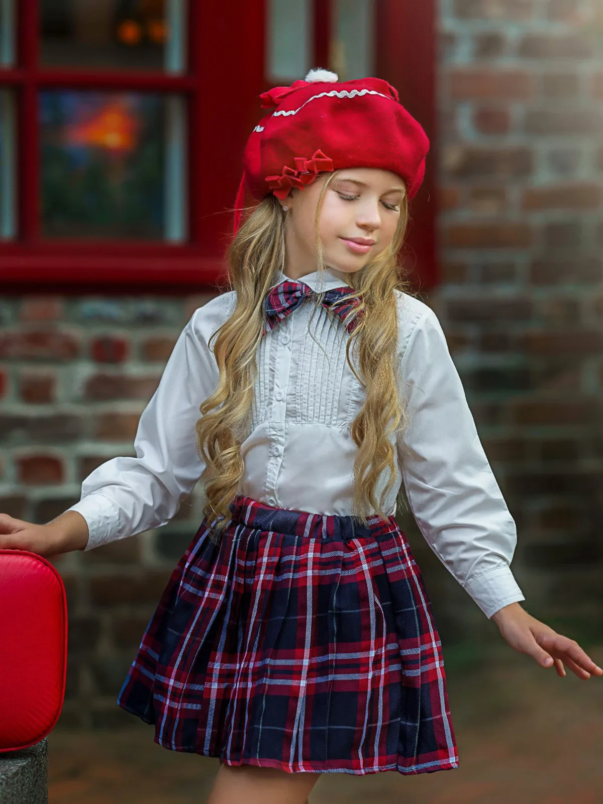 Young Scholar Blouse, Bow Tie, and Plaid Skirt Set